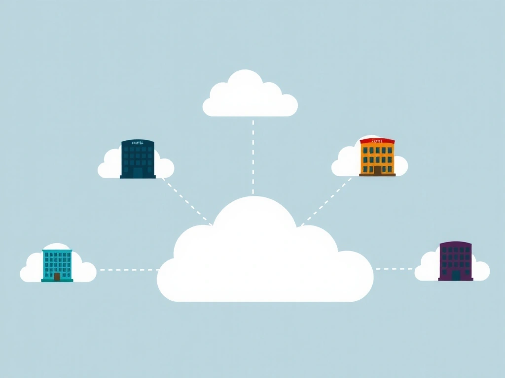 Digital illustration of a cloud network connecting various hotel icons, representing cloud PMS solutions for hospitality businesses in Germany.