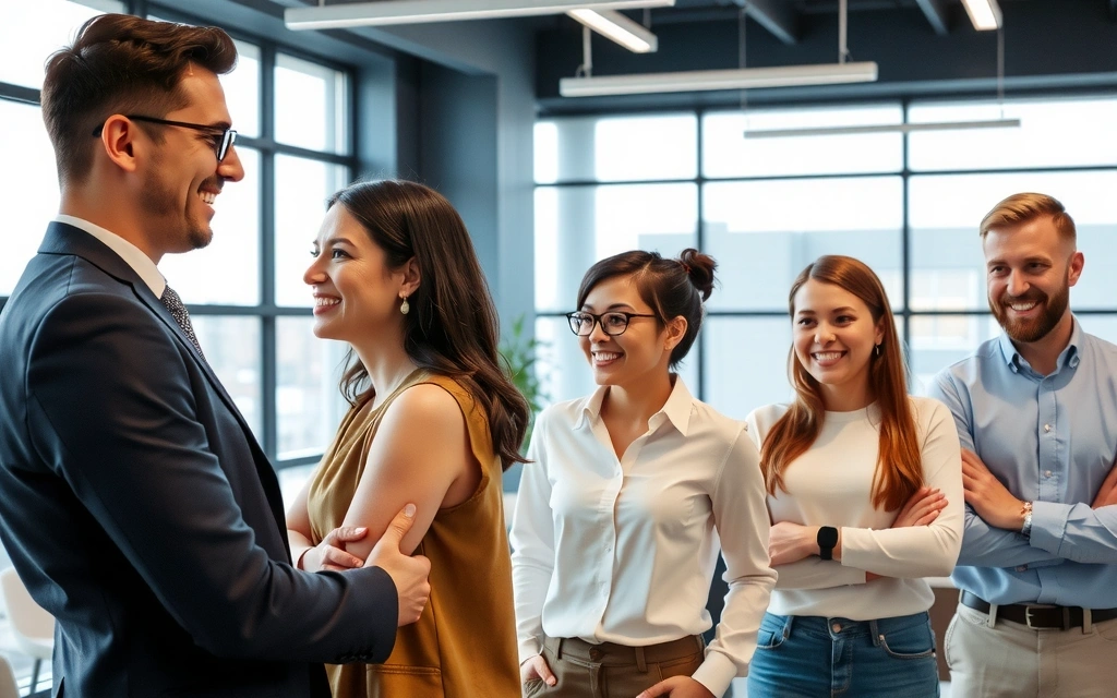 Diverse team of professionals collaborating in a modern office environment, symbolizing teamwork and expertise.