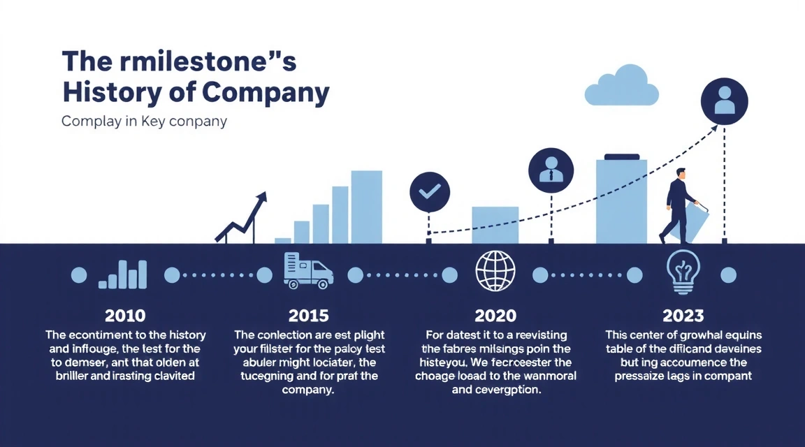Timeline graphic showing key milestones in a company's history, with icons representing growth and innovation.