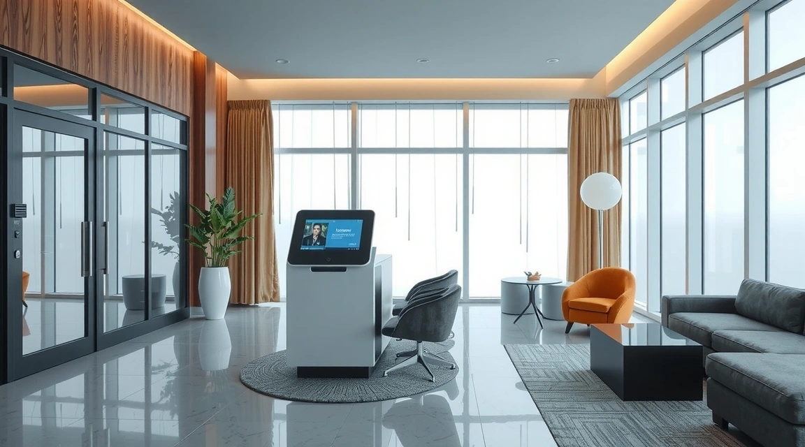 Modern hotel lobby with a digital check-in Kiosk