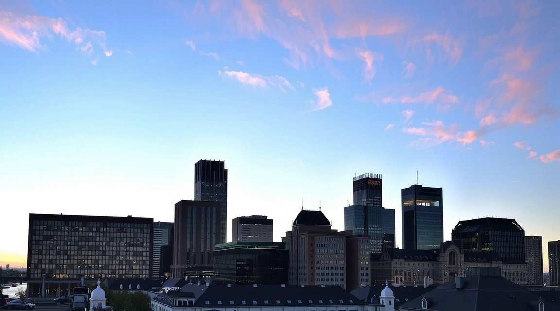 Skyline of a German city at dusk, with modern and historic buildings