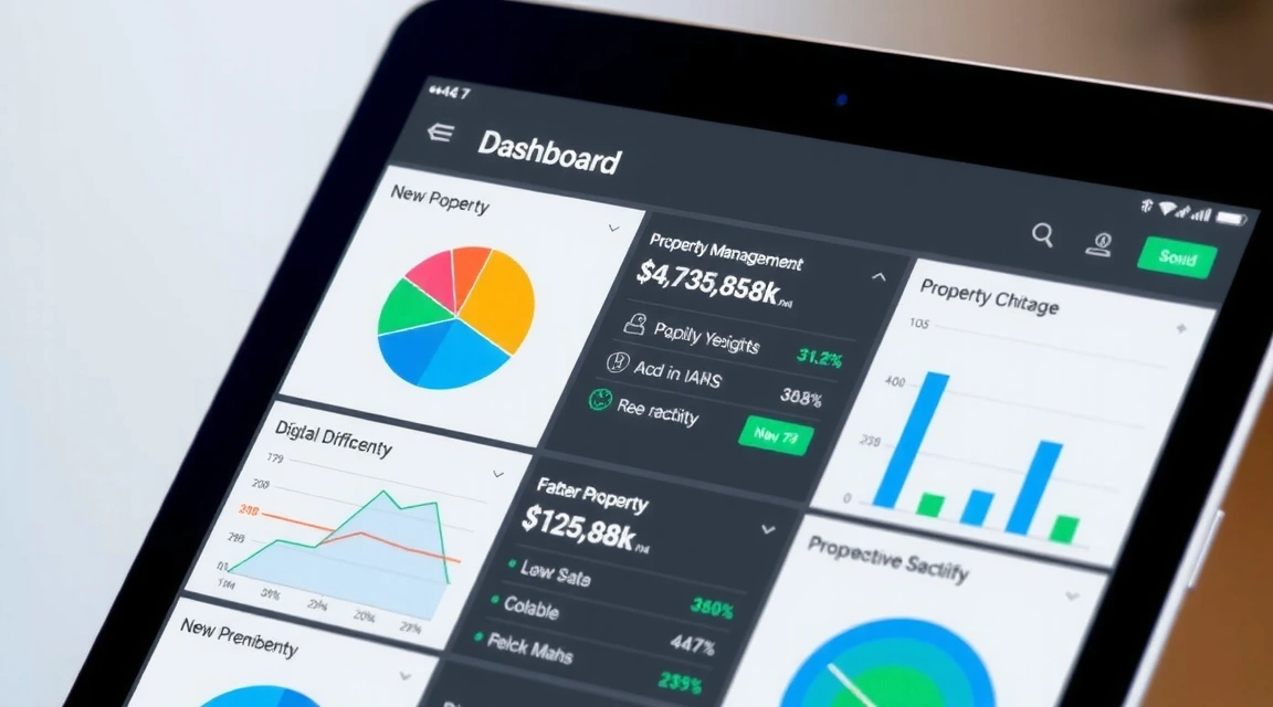 Tablet displaying a property management system dashboard with analytics