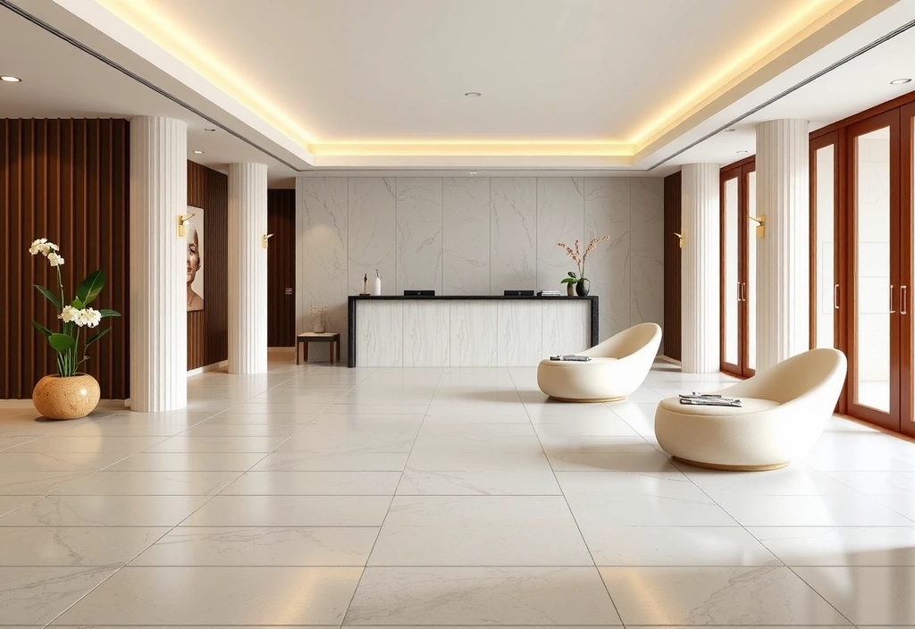 A serene and luxurious spa resort reception area, minimalist design with natural light, conveying tranquility and high-end service. No text.