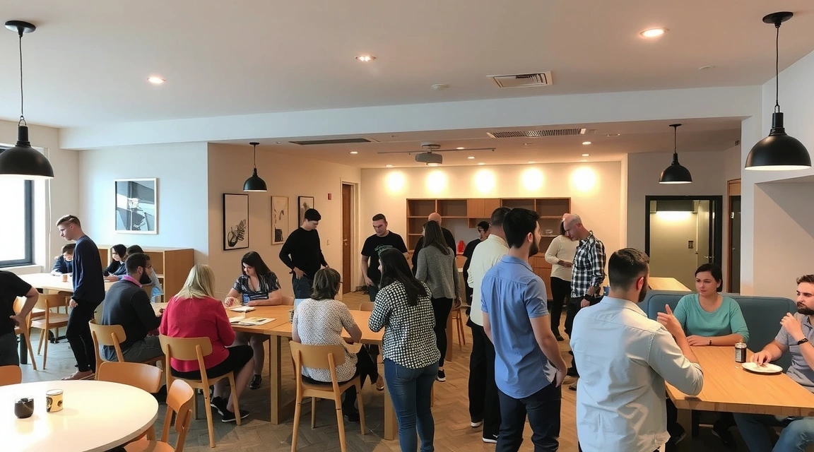 A vibrant, busy common area of a modern hostel in Berlin, filled with diverse young travelers interacting and a friendly atmosphere. No text.