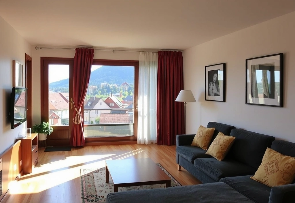 Cozy and modern vacation rental apartment interior with a view of a charming German town, showcasing comfort and style. No text.