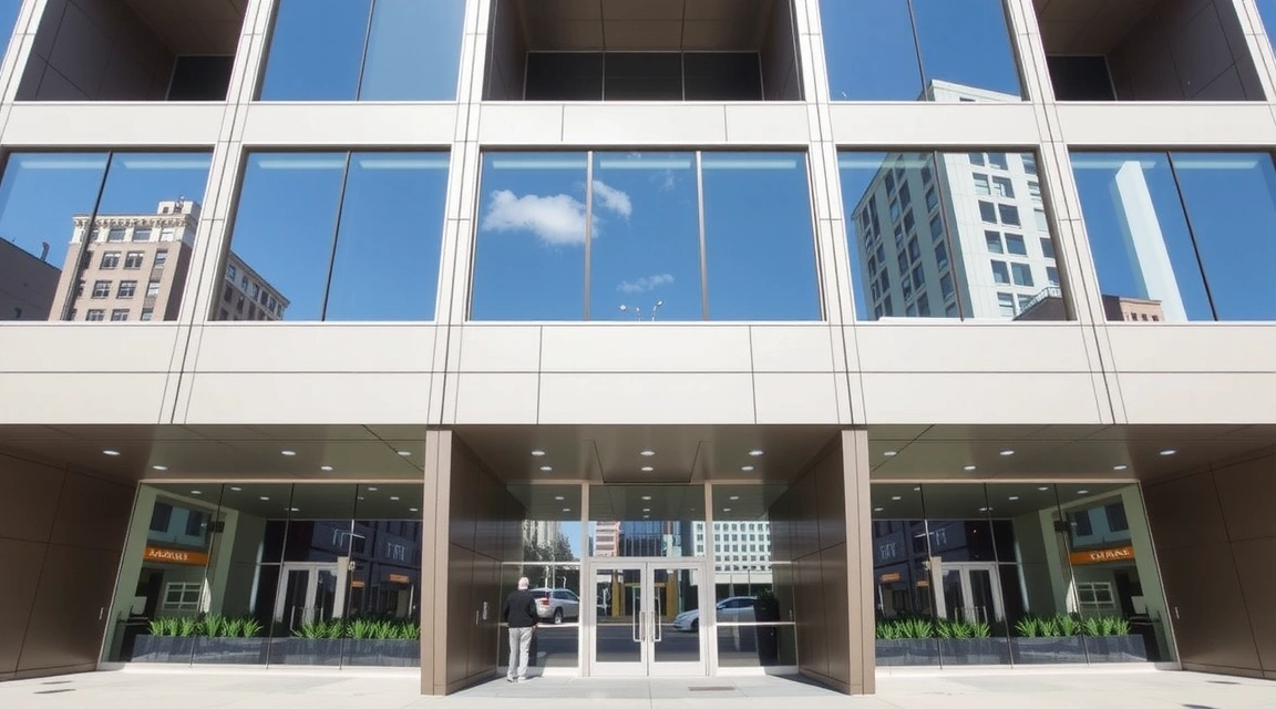 Modern office building facade in New York City, clean lines, glass windows, blue sky reflection