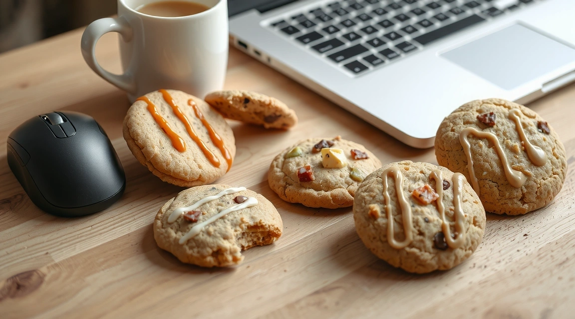 A plate of various cookies with a computer mouse and keyboard in the background, symbolizing digital tracking and user experience.