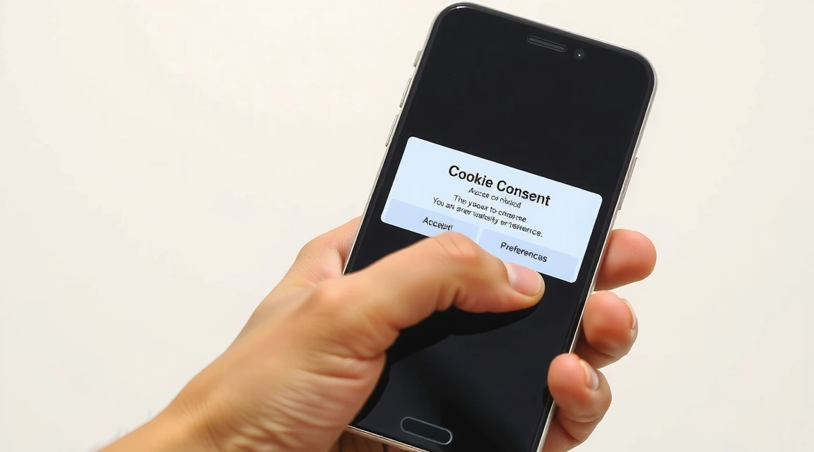 A hand holding a smartphone displaying cookie settings, with options to accept or decline, symbolizing user control over privacy.