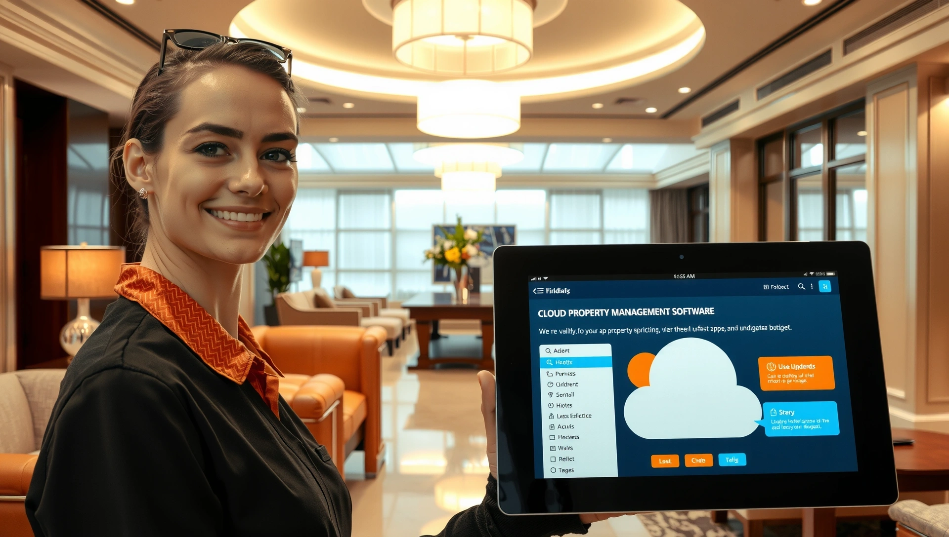 Modern hotel lobby with a tablet displaying property management software