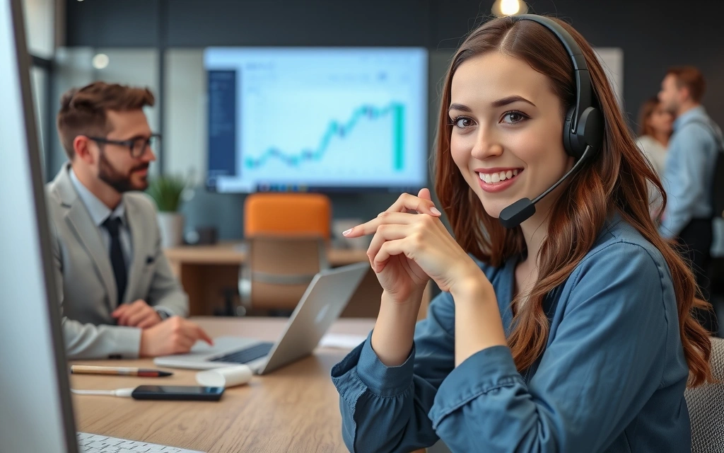 A customer support representative helping a client with pricing questions, smiling and pointing at a screen.