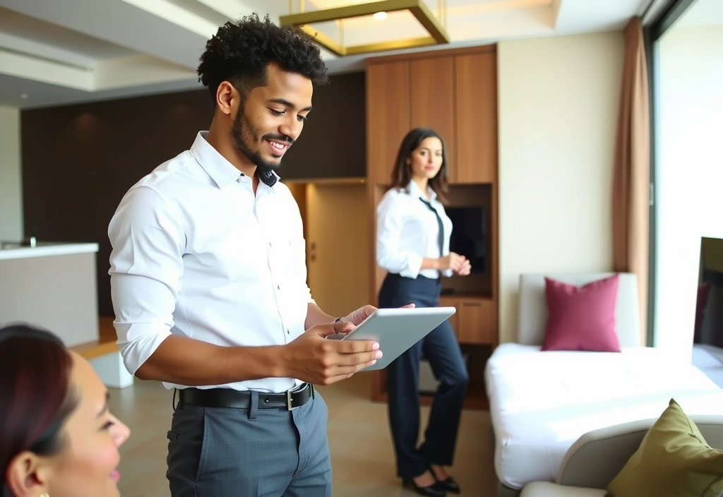 A hotel manager reviewing pricing plans on a tablet, looking thoughtful and professional.