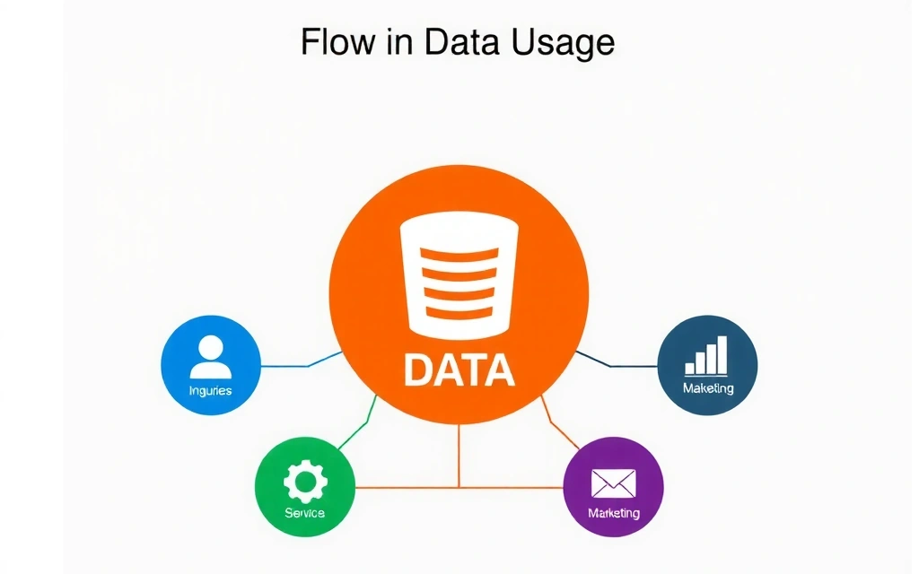 Infographic showing data usage flow, with arrows pointing to different purposes like support, improvement, marketing