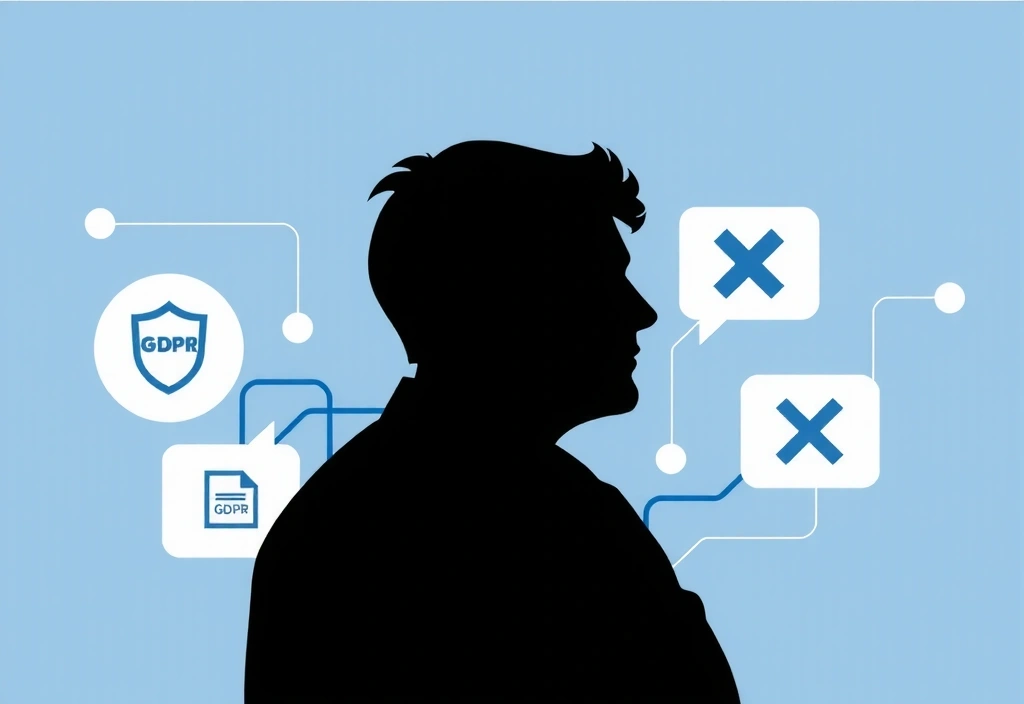 Stylized illustration of a person interacting with data, surrounded by GDPR icons