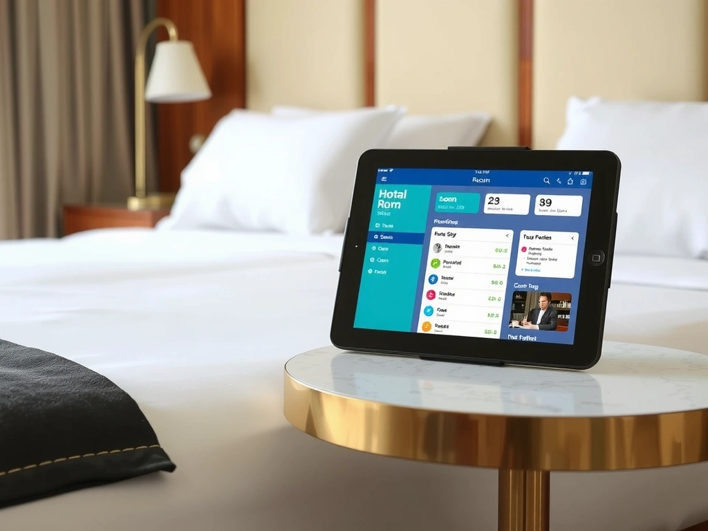 Elegant hotel room with a tablet displaying a hotel PMS interface