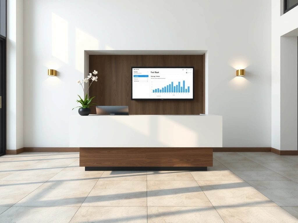 Modern hotel lobby with a reception desk and a tablet showing a cloud PMS interface