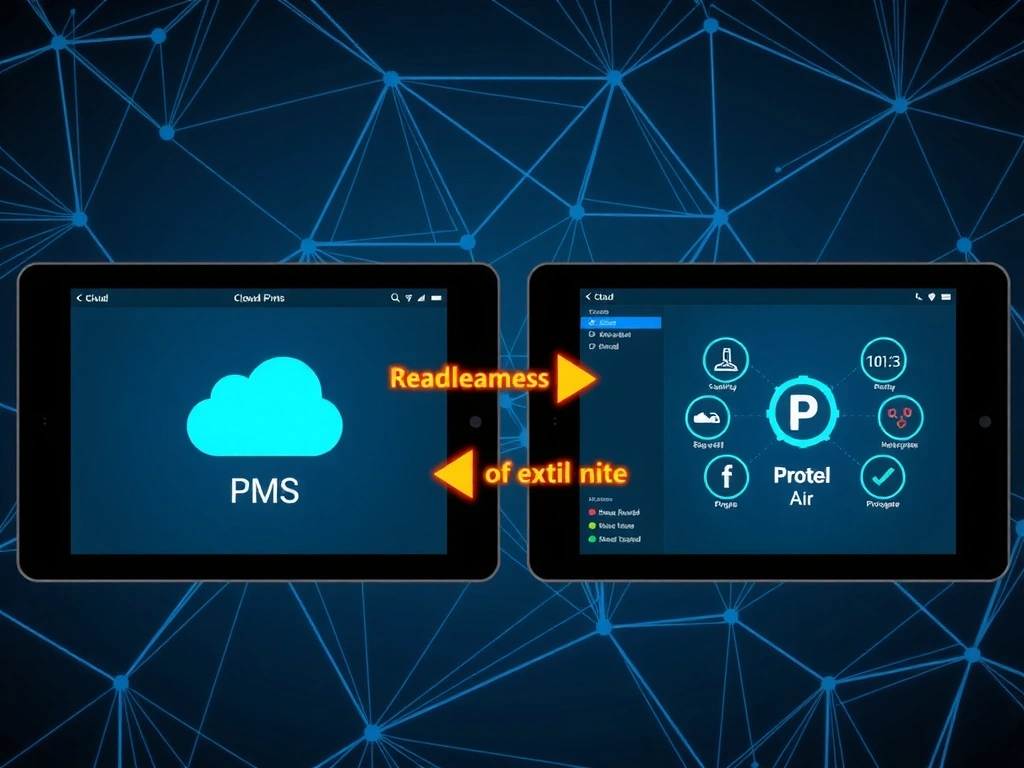 Two interconnected digital screens showing data flowing between a Cloud PMS interface and a Protel Air interface