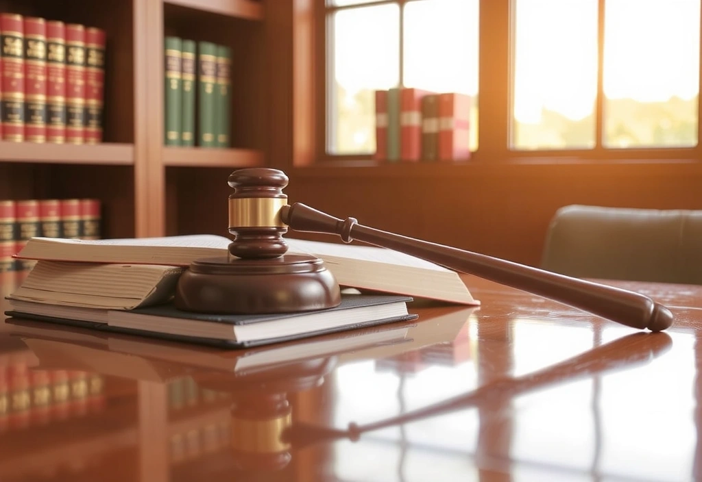 Gavel and law books on a wooden desk